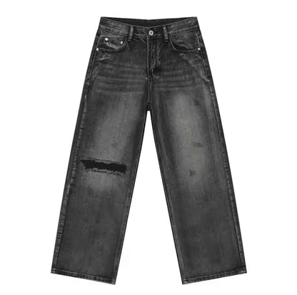Faded Black Single Ripped Knee Wide Straight Leg Jeans - Kore Clothing