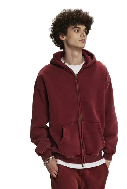 Faded Red Double Zip Up Hoodie - Kore Clothing
