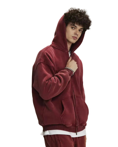 Faded Red Double Zip Up Hoodie - Kore Clothing