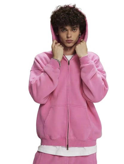 Faded Pink Double Zip Up Hoodie - Kore Clothing