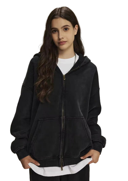 Faded Black Double Zip Up Hoodie - Kore Clothing