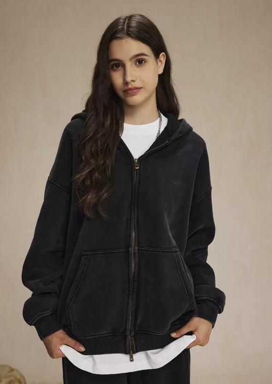 Faded Black Double Zip Up Hoodie - Kore Clothing