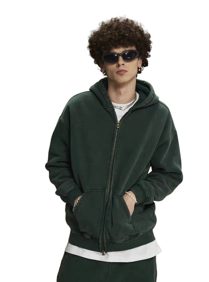 Faded Green Double Zip Up Hoodie - Kore Clothing