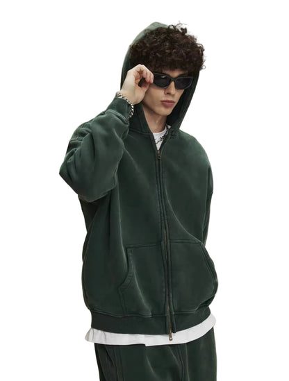 Faded Green Double Zip Up Hoodie - Kore Clothing