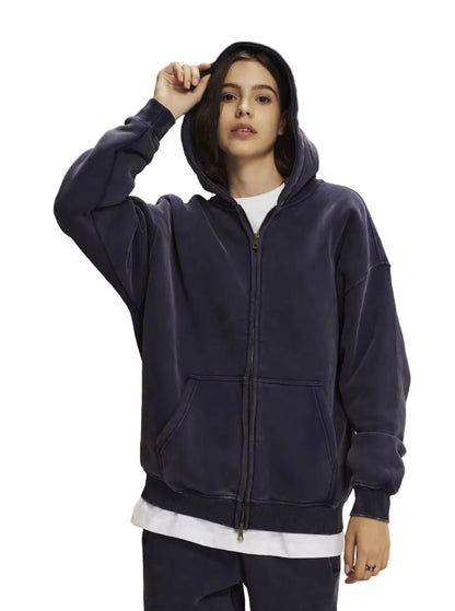 Faded Navy Blue Double Zip Up Hoodie - Kore Clothing