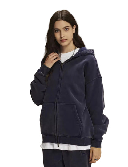 Faded Navy Blue Double Zip Up Hoodie - Kore Clothing