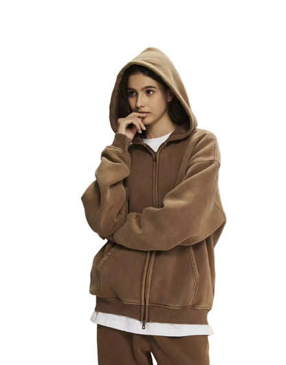 Faded Brown Double Zip Up Hoodie - Kore Clothing