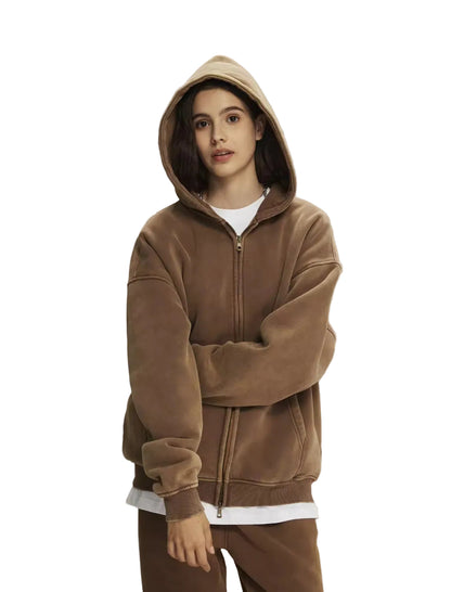 Faded Brown Double Zip Up Hoodie - Kore Clothing