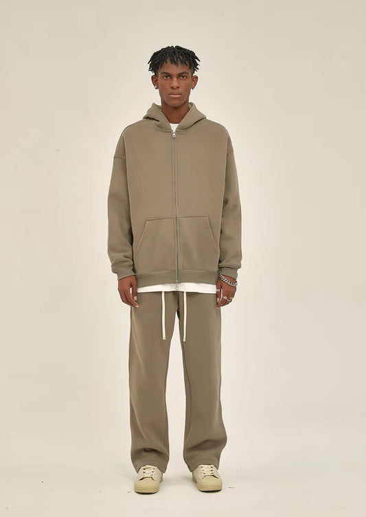 Taupe Double Zip Up Hoodie - Kore Clothing