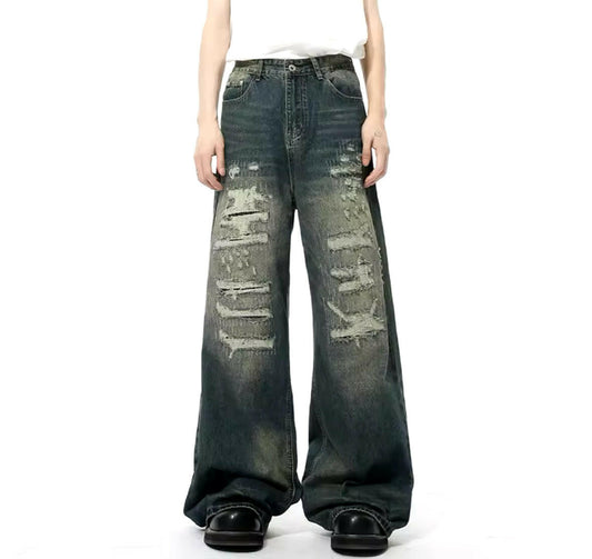 Distressed Navy Desert Wash Baggy Jeans