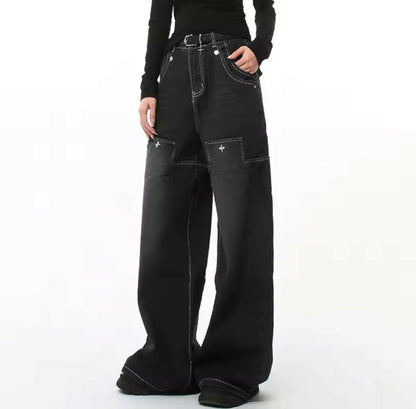 Black Patchwork Double Knee Baggy Jeans