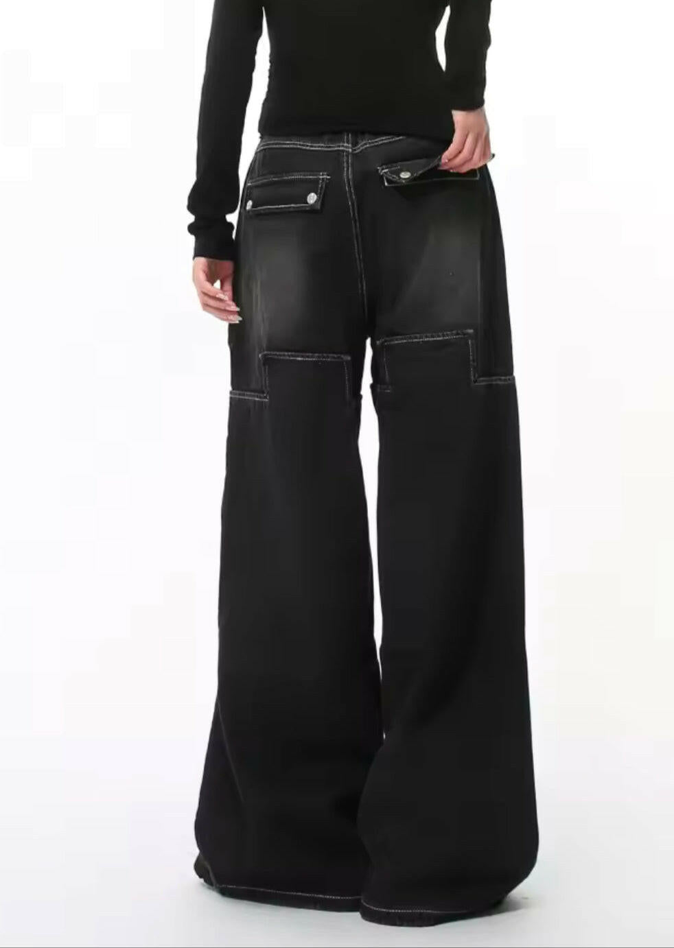 Black Patchwork Double Knee Baggy Jeans