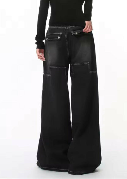 Black Patchwork Double Knee Baggy Jeans