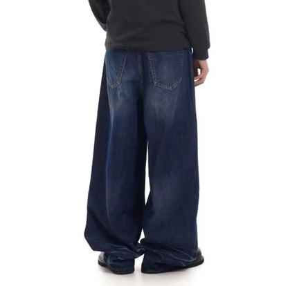 Whiskered Navy Blue Baggy Jeans