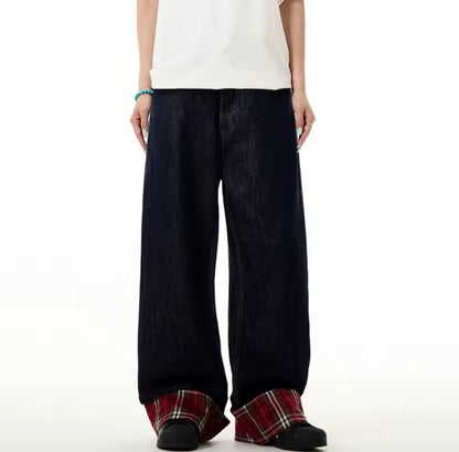 Plaid & Raw Denim Baggy Jeans