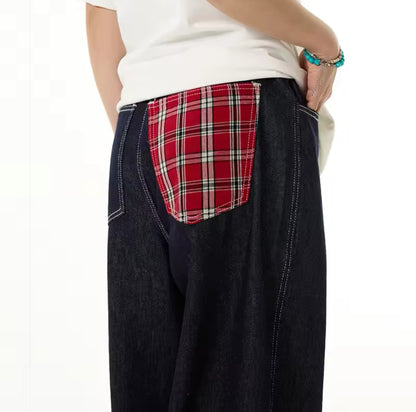 Plaid & Raw Denim Baggy Jeans