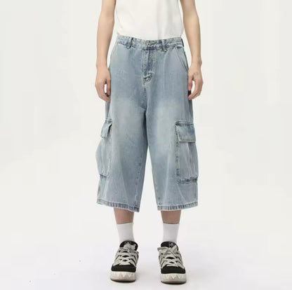 Light Blue Washed Long Cargo Jorts
