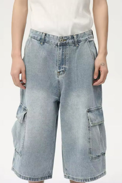 Light Blue Washed Long Cargo Jorts