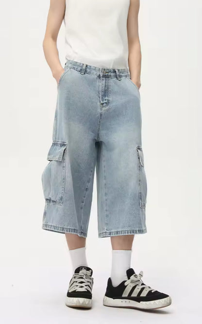 Light Blue Washed Long Cargo Jorts