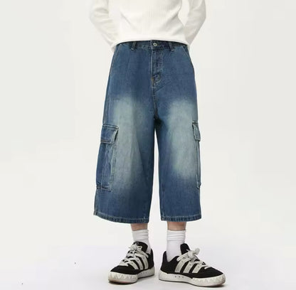 Navy Washed Long Cargo Jorts