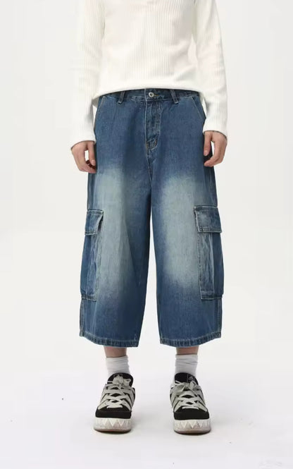 Navy Washed Long Cargo Jorts