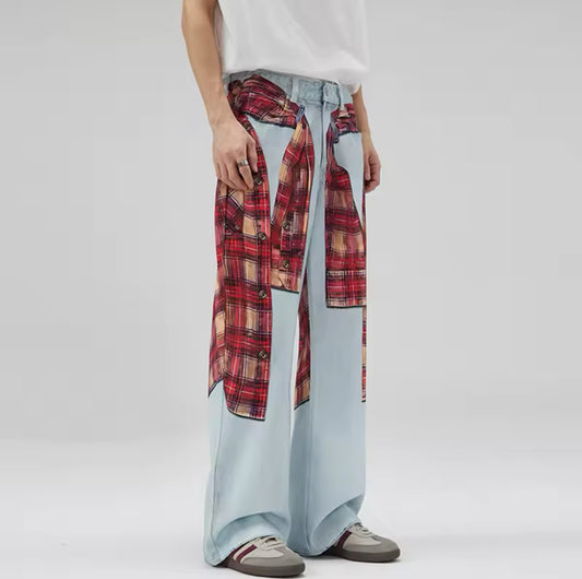 Flannel Graphic Blue Wide Leg Jeans
