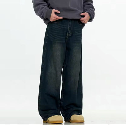 Leather Pocket Navy Baggy Jeans