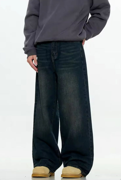 Leather Pocket Navy Baggy Jeans
