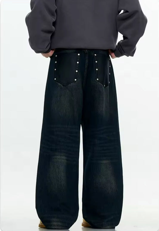 Leather Pocket Navy Baggy Jeans