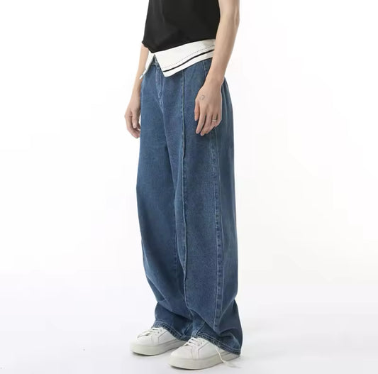 Blue Foldover Baggy Jeans