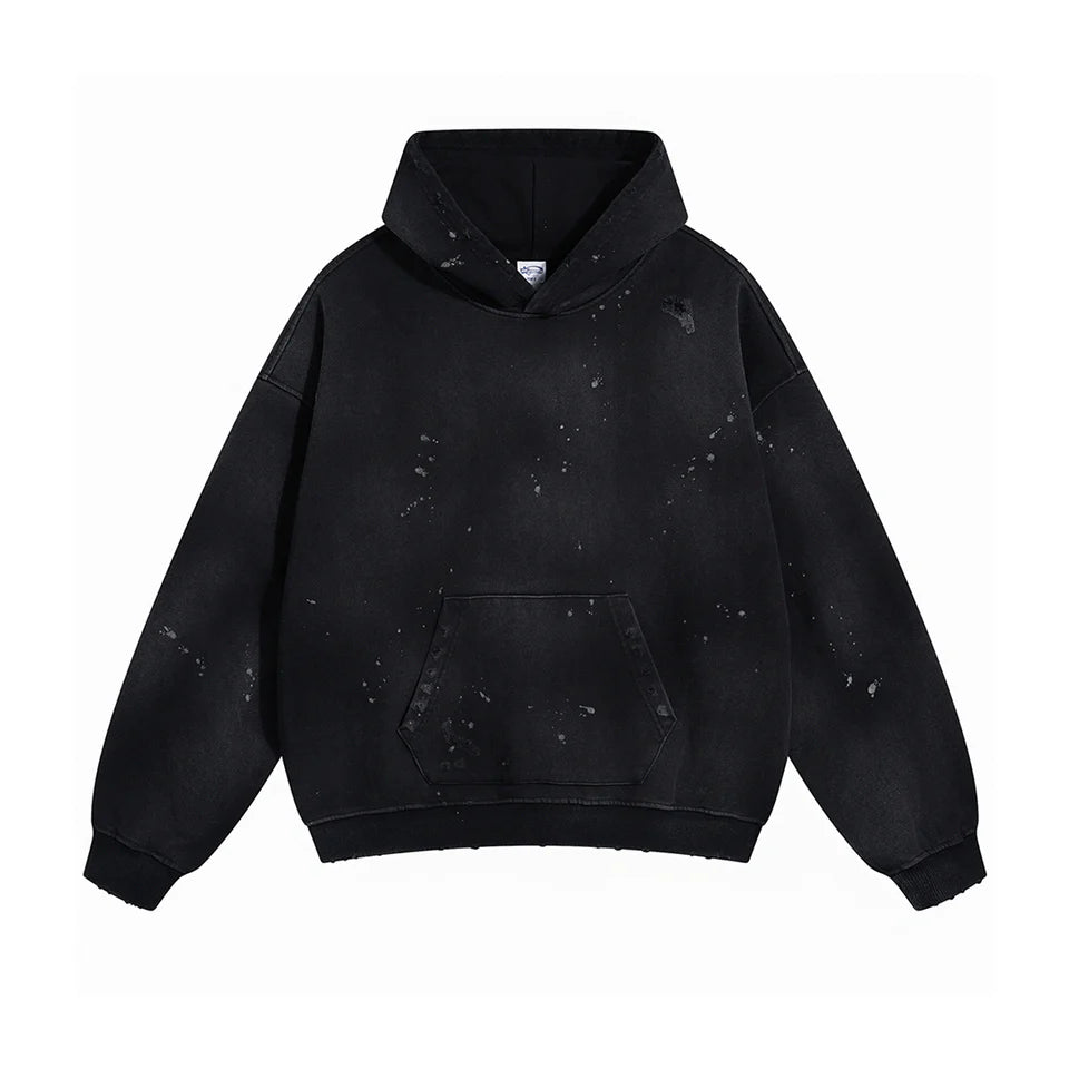 Black Faded & Distressed Paint Splattered Hoodie