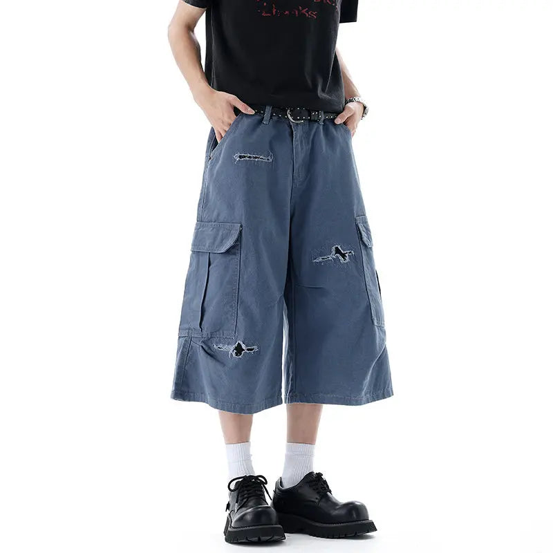 Blue Distressed Baggy Long Cargo Shorts