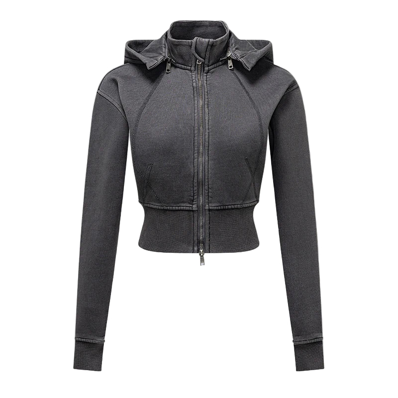 Womens Detachable Hood Cropped Double Zip Up Sweatshirt