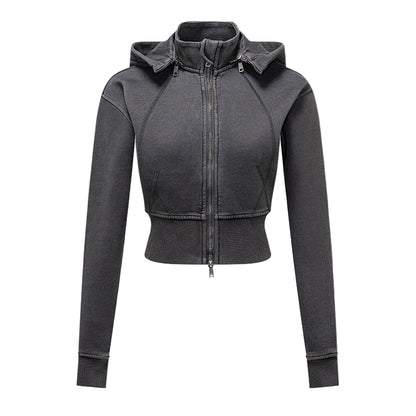 Womens Detachable Hood Cropped Double Zip Up Sweatshirt