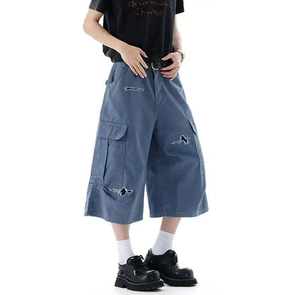 Blue Distressed Baggy Long Cargo Shorts