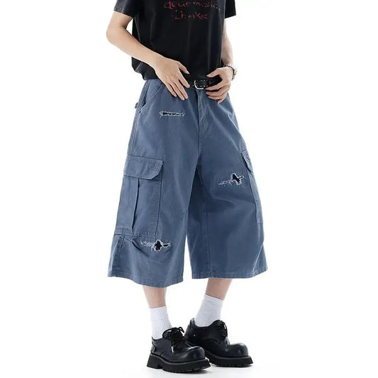 Blue Distressed Baggy Long Cargo Shorts