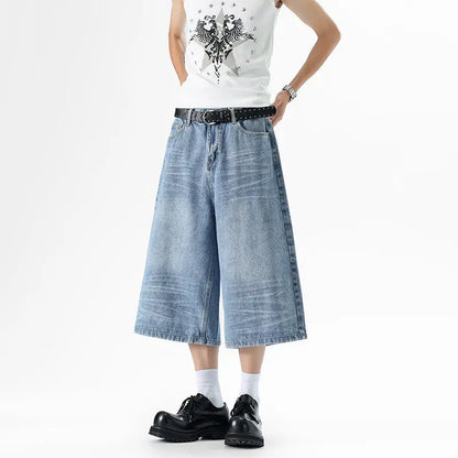 Whiskered Blue Denim Baggy Long Jorts