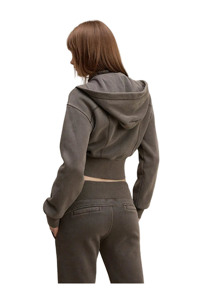 Womens Detachable Hood Cropped Double Zip Up Sweatshirt