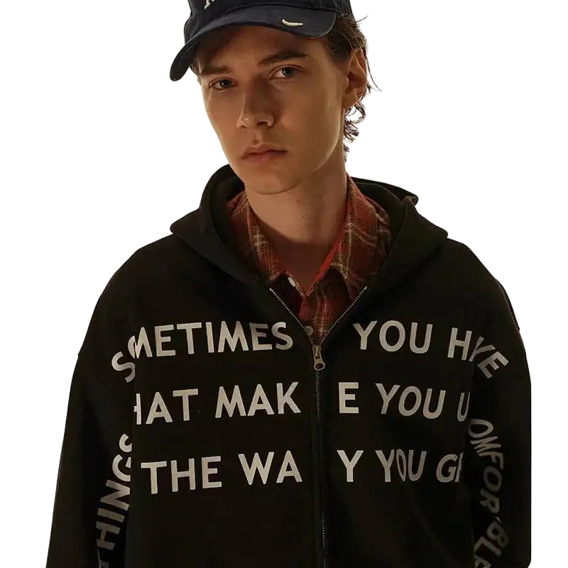 Black Double Zip Up Hoodie w/ Text