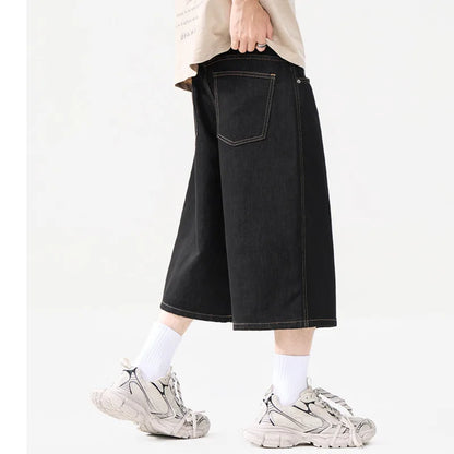 Black Raw Denim Baggy Long Jorts
