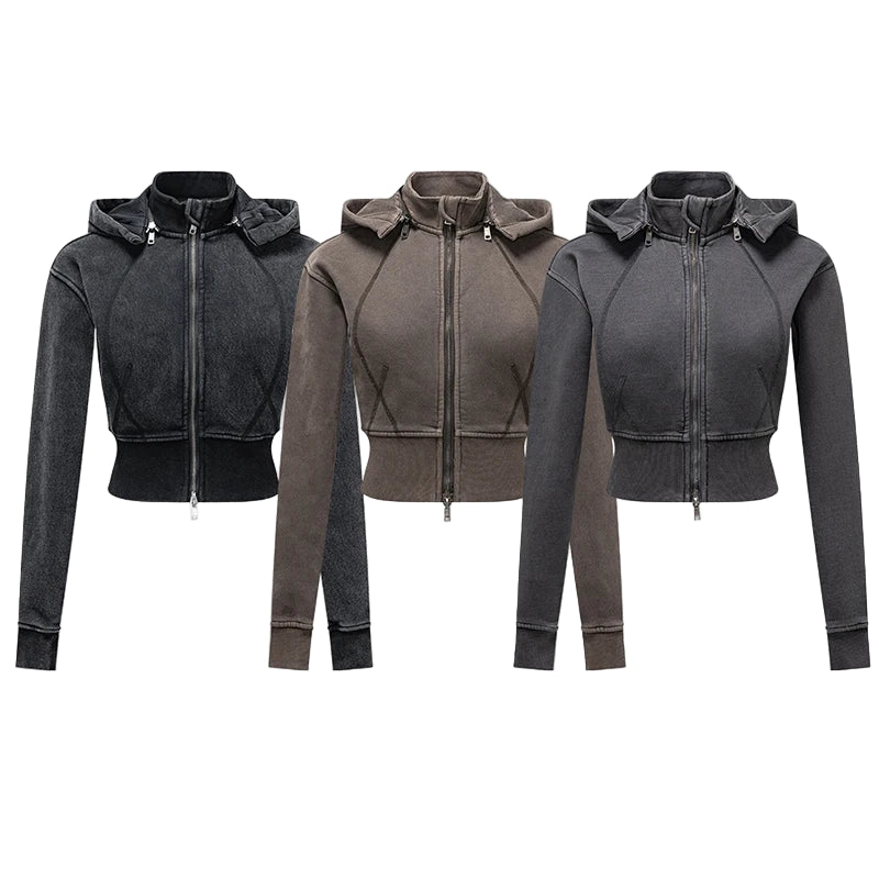 Womens Detachable Hood Cropped Double Zip Up Sweatshirt