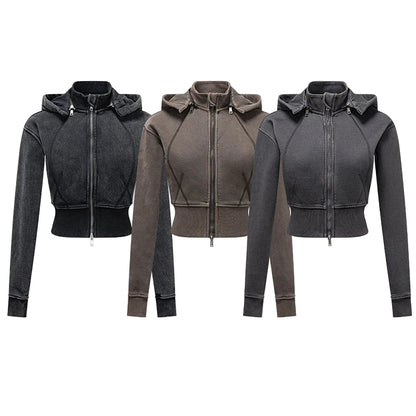 Womens Detachable Hood Cropped Double Zip Up Sweatshirt