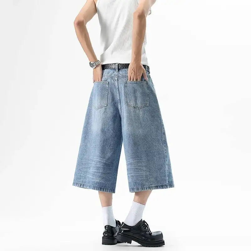 Whiskered Blue Denim Baggy Long Jorts