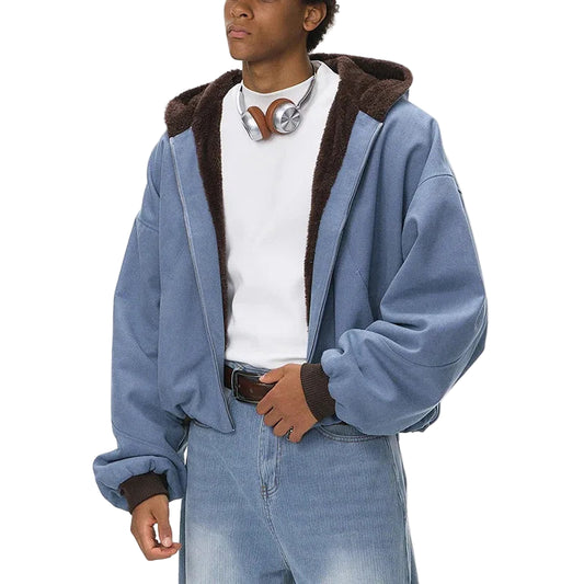 Contrast Fur-Lined Boxy Zip Up Hoodie