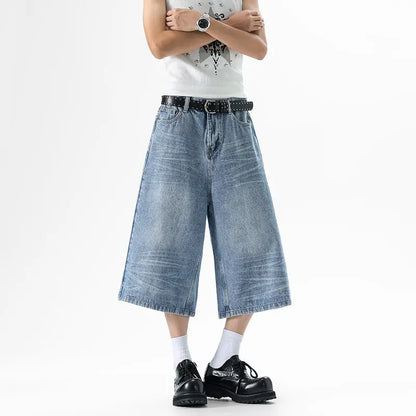 Whiskered Blue Denim Baggy Long Jorts