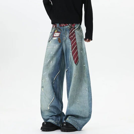 Blue Tie Print Baggy Jeans