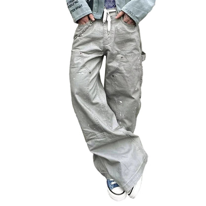 Gray Double Knee Paint-Splattered Carpenter Baggy Jeans