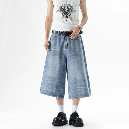 Whiskered Blue Denim Baggy Long Jorts