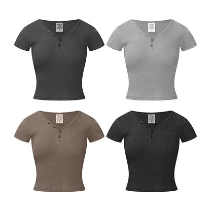 Womens Short Sleeve V-Neck Henley T-Shirt