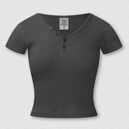 Womens Short Sleeve V-Neck Henley T-Shirt